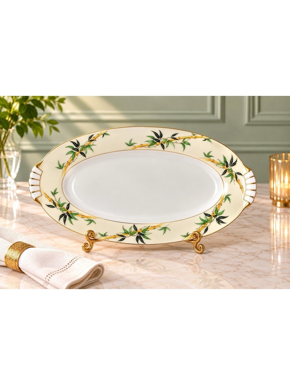 Kent China Japan 1950s Oval Vegetable Serving Bowl Bali Hai Bamboo, 10.5x8x2.5"